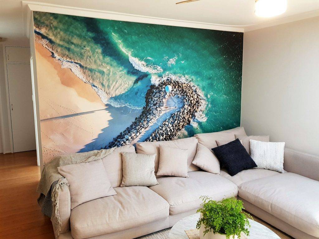 custom wallpaper on lounge room wall